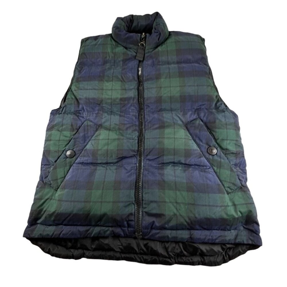 VTG Eddie Bauer Puffer Vest Womens S/P Green & Blue Plaid Goose Down Insulated